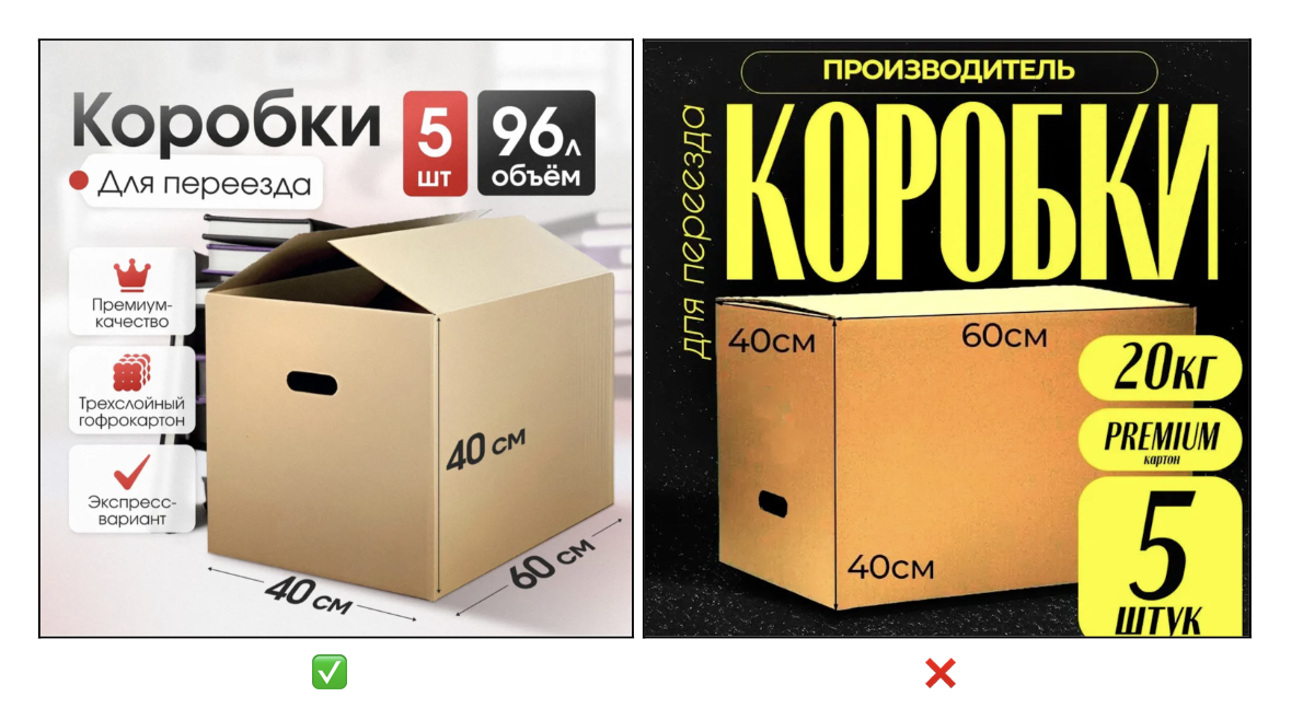 Слева текст на карточке не бьёт по глазам и хорошо читается, справа шрифт слишком броский, и хорошо видно только слово «Коробки», а остальная информация считывается трудно