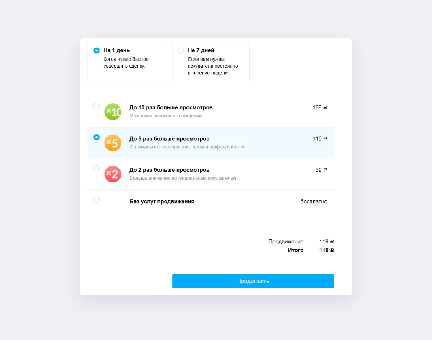 Выбор услуги по увеличению просмотров. Скриншот с сайта avito.ru