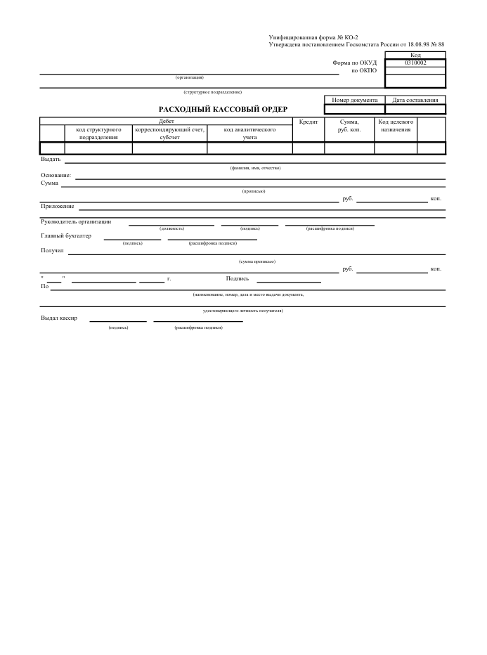 Изображение документа: Расходный кассовый ордер